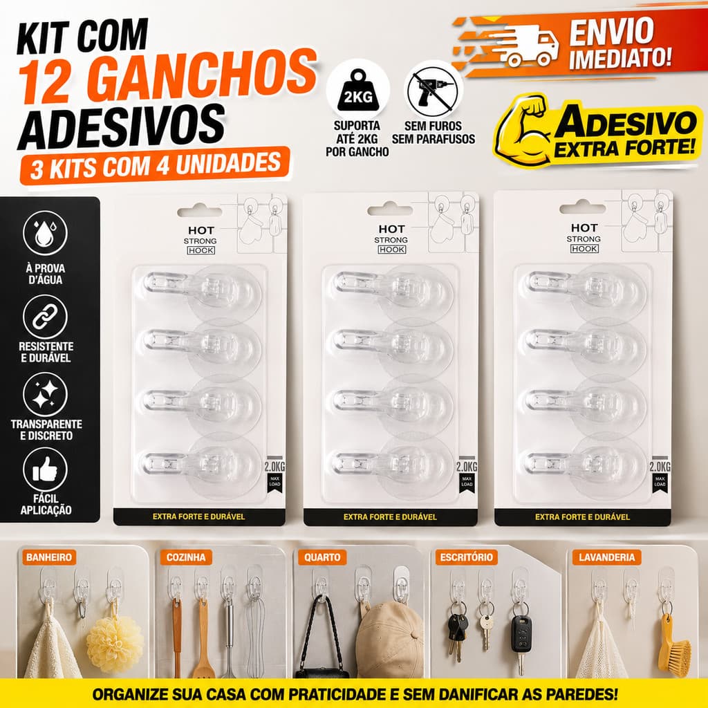 Kit 12 Ganchos Adesivos Transparentes Extra Forte Suporta até 2kg Sem Furar Parede Multiuso Banheiro Cozinha