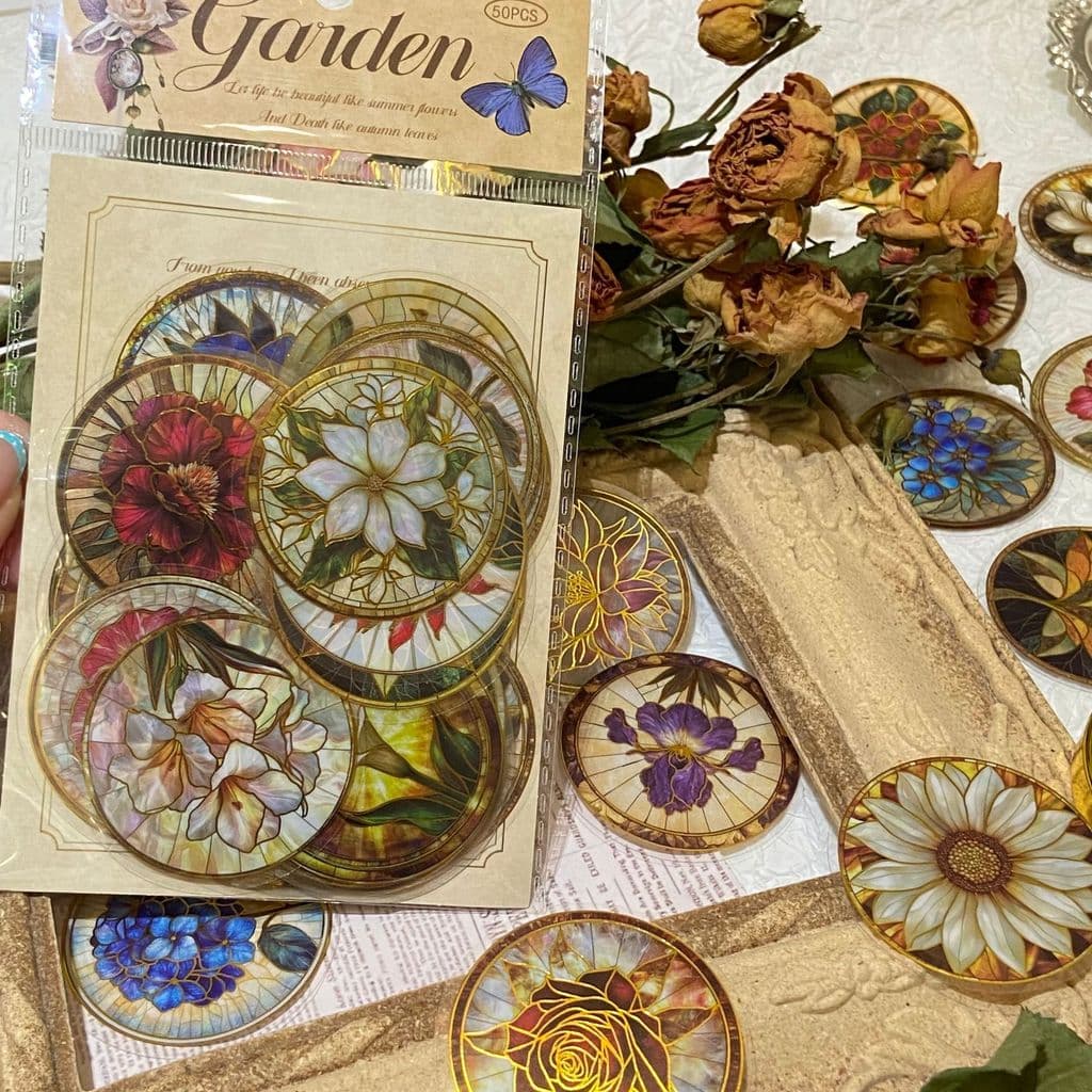 50 Peças Adesivos De Flores Com Bordas Douradas Faça Você Mesmo Florais À Prova D'água Lindos Redondos Pequenos Presente