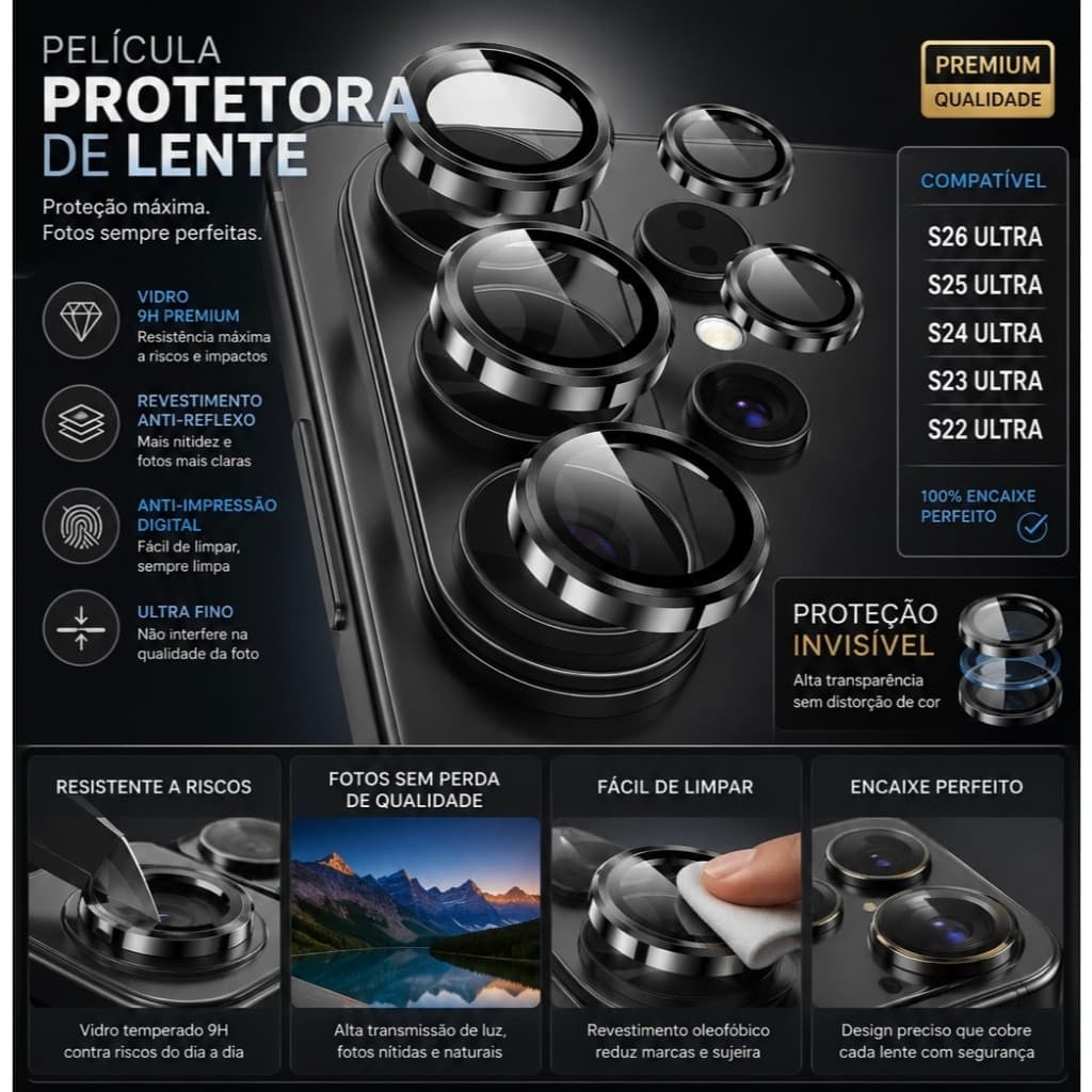 Kit 5pcs Películas Lente Câmera p/ Samsung Galaxy S26 ULTRA/S22 ULTRA/S23 ULTRA/S24 ULTRA/S25 ULTRA Câmera Proteção