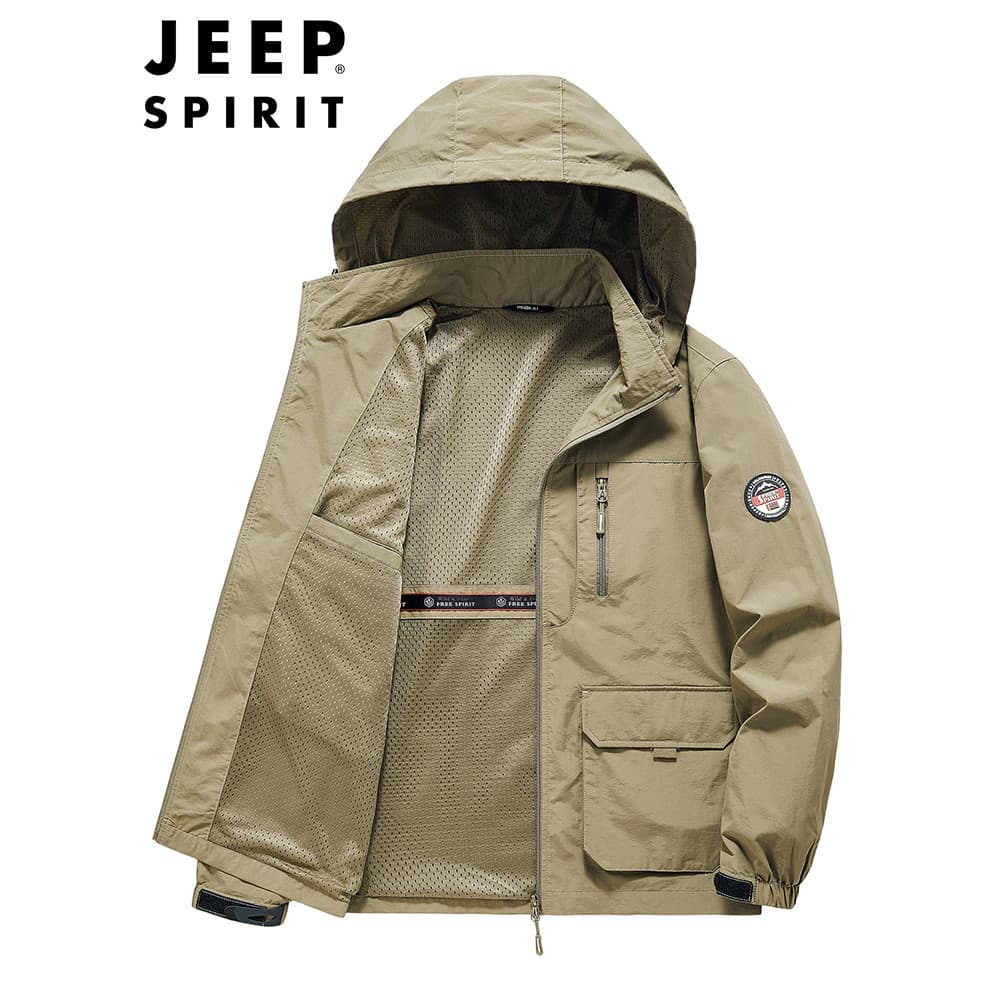 JEEP SPIRIT Tooling Style Jaqueta com capuz de tamanho grande masculina solta Casual Multi-saco jaqueta à prova de vento