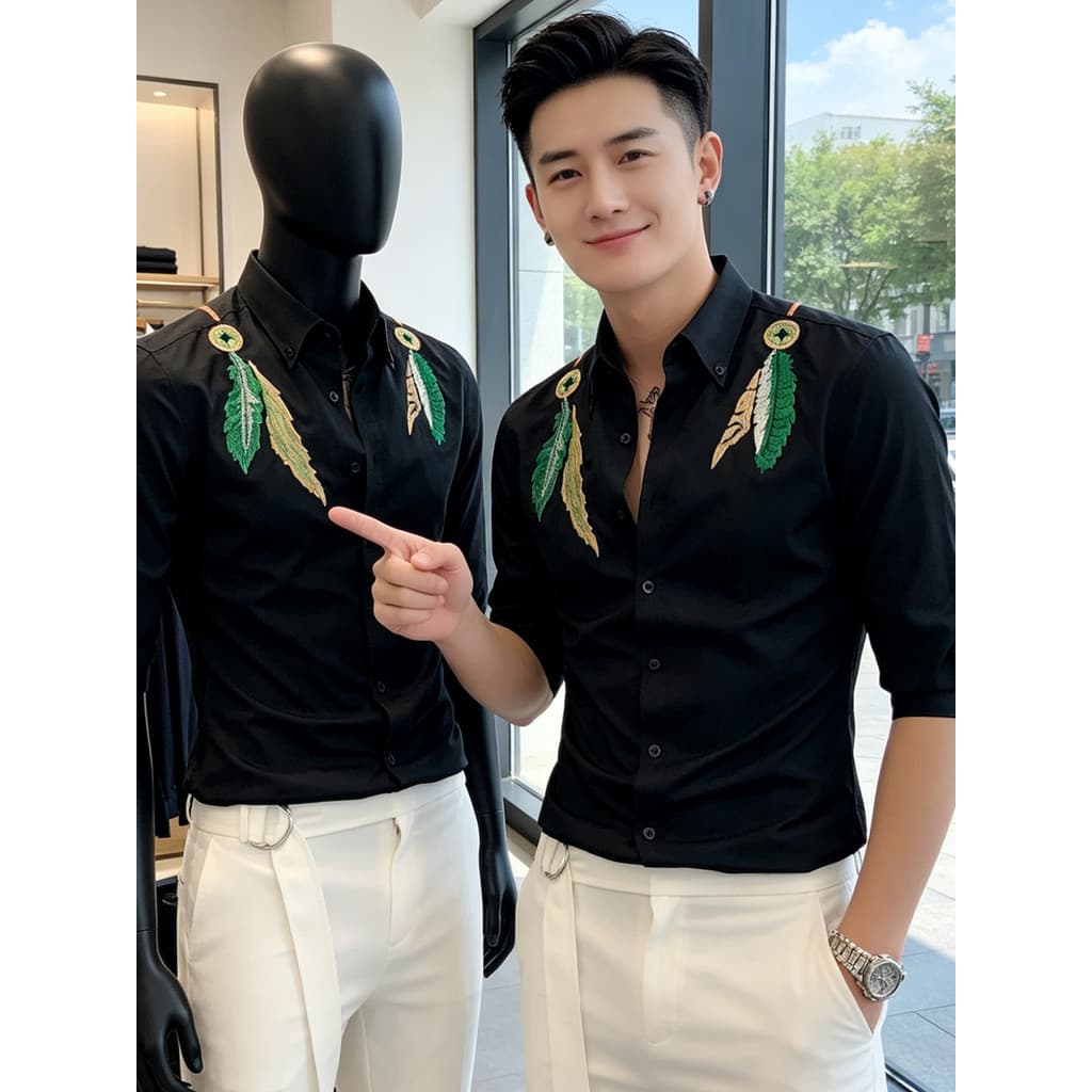 Camisa masculina bordada de moda verão de luxo leve manga três quartos Slim fit versão pequena manga média na moda mascu
