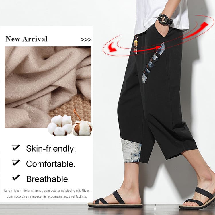 【Ideal para o Verão】[Amplo e Fresco] Calça 7/8 Masculina/Estilo Chinês/Casual/Pernas Largas