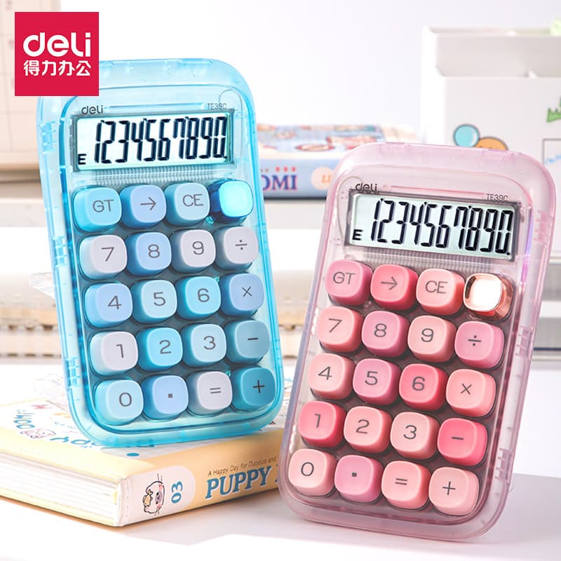 Deli calculadora transparente teclado alto Mini bonito doce cor 10 bits mecânico estudante escritório computador finance