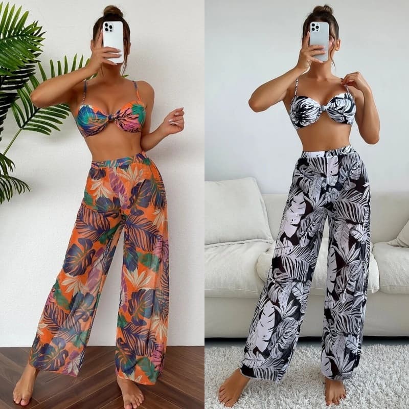 Conjunto de Biquíni Feminino de 3 Peças com Estampa Tropical e Saída de Praia para o Verão 0EQW