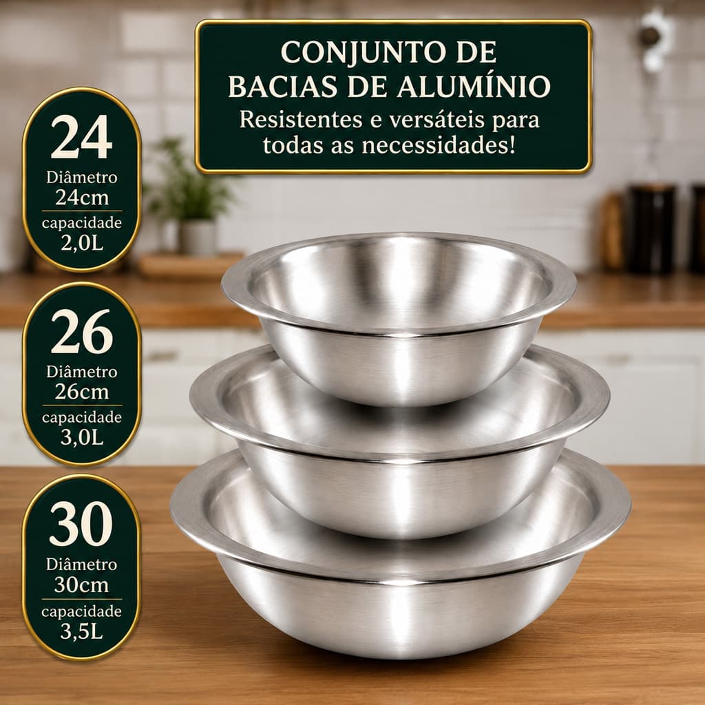 Kit Bacia Alumínio Polido Multiuso 24cm 26cm 30cm Reforçada Cozinha Casa Cozinha Profissional
