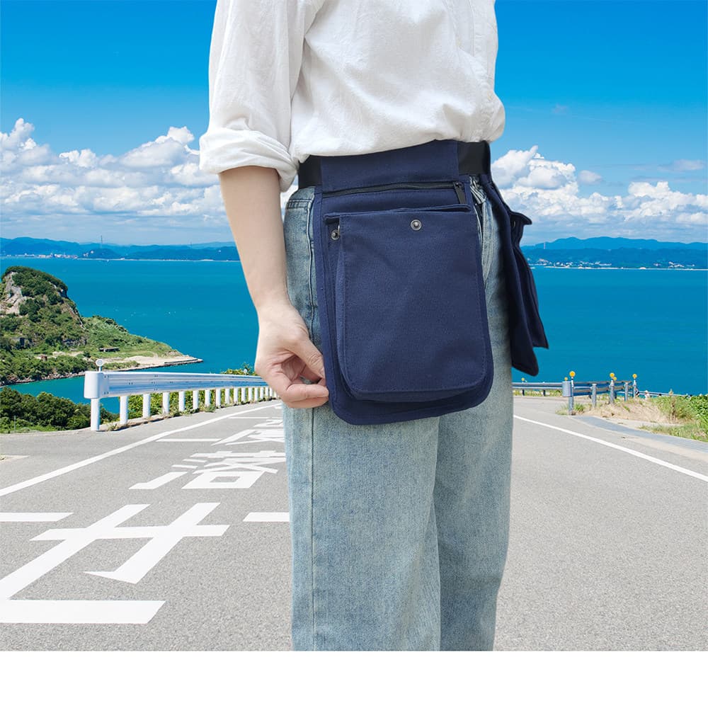 Bolsa de lona grossa azul escuro, capa com zíper, bolsa de cintura com zíper, bolsa pequena para viagem ao ar livre, cin