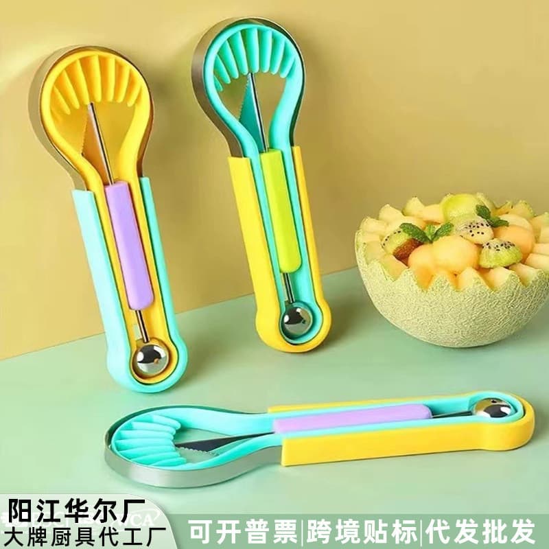 Cortador de frutas multifuncional três em um, cortador de bolas de melancia em aço inoxidável, ferramenta de entalhe em