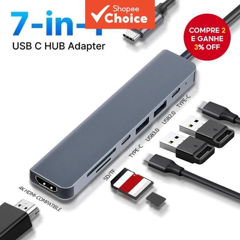 Hub USB C 7 em 1: HDMI 4K, leitor de cartões SD/TF, carregamento PD para PC, MacBook e laptop