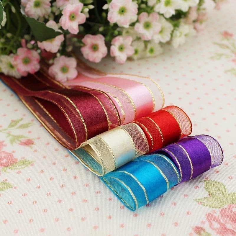 Fita De Cetim Com Borda Dourada De 25 Mm , Embalagem De Presente De Alta Qualidade , Fitas Douradas De Casamento (25 Jar