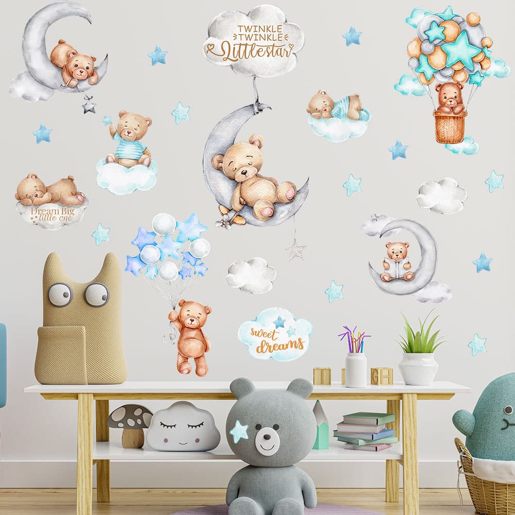 Adesivos de parede bonito urso estrela nuvem lua adesivos de parede crianças jardim de infância adesivos de parede decor