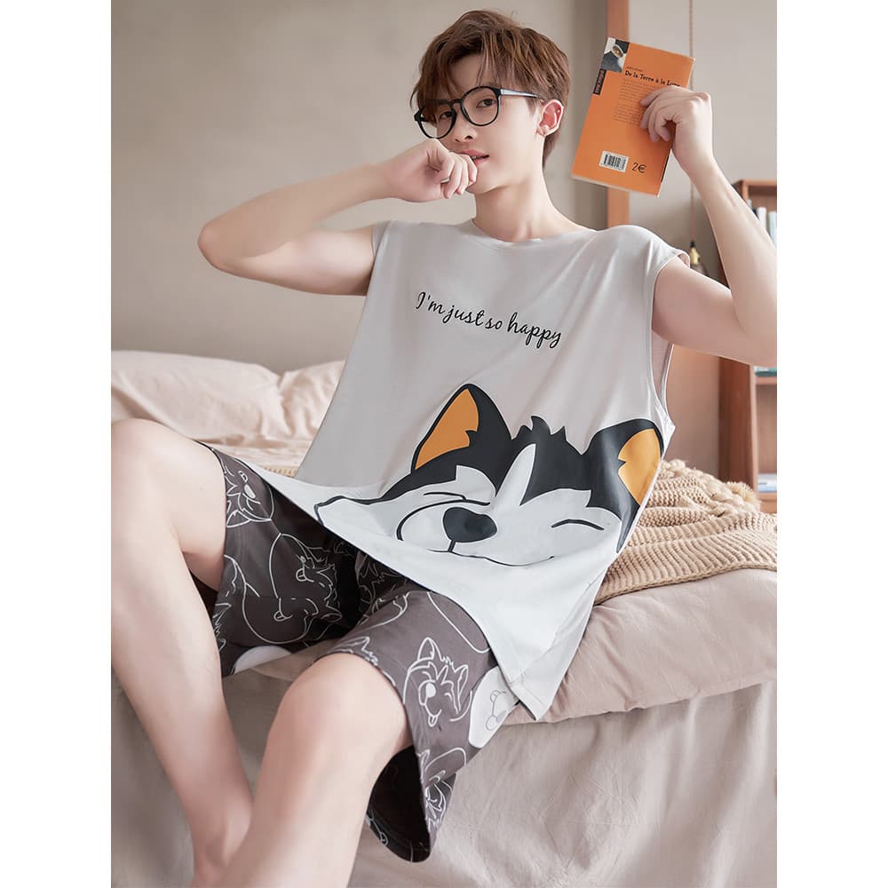 Pijamas masculinos modais verão gelo seda legal colete masculino sem mangas dos desenhos animados juventude pode usar fo