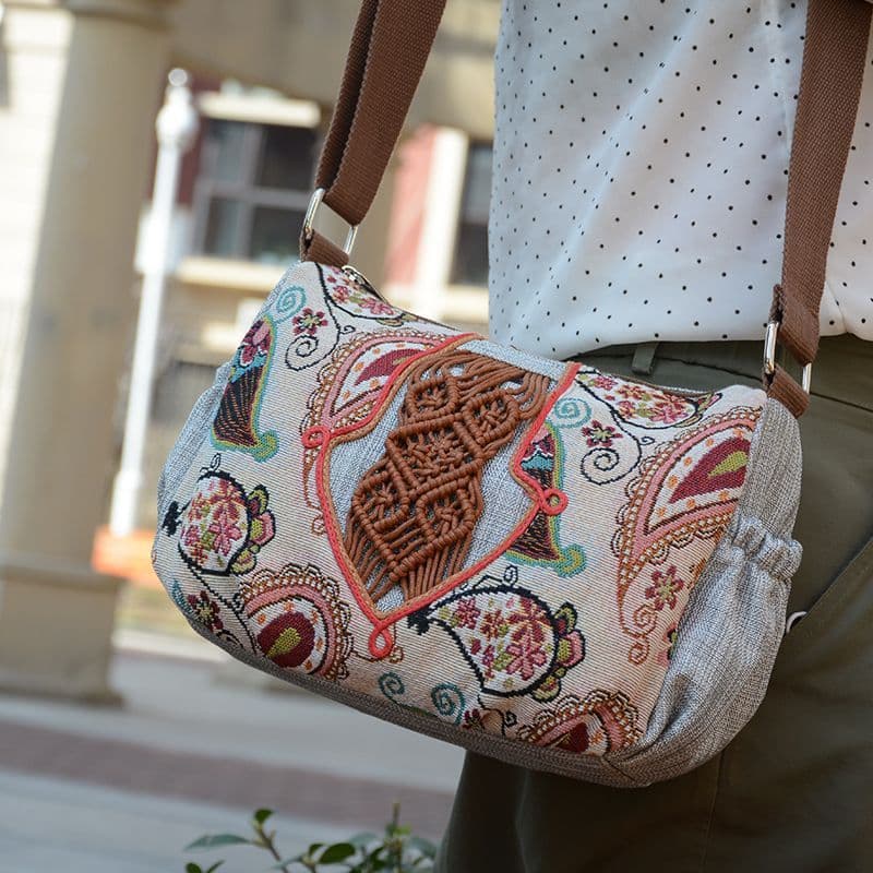 Bolsa de ombro feminina de estilo étnico, bolsa transversal casual, bolsa de tecido feminina, bolsa artística feminina,
