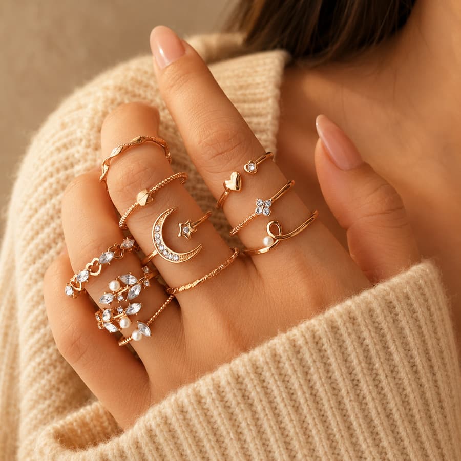 Conjunto de anéis vintage de 10 peças em ouro ou prata, elegante e sofisticado, com motivos de sol ou lua.
