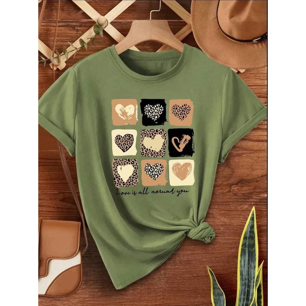 Camiseta Casual Feminina T-shirt Love Coração Tendencia 100% Algodão Animal Print