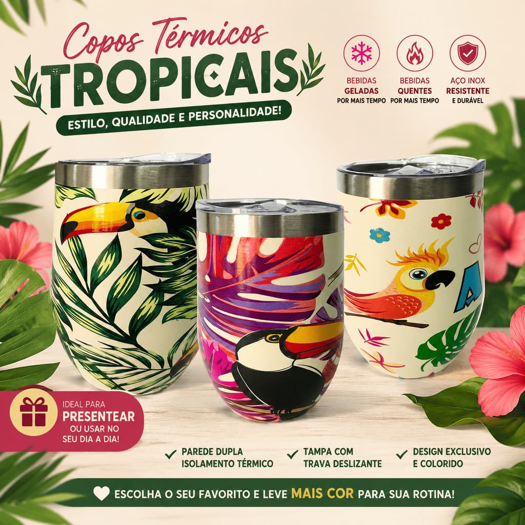 Copo Térmico Farm 360ml Cuia com Tampa - Inox estampa Fauna e Flora