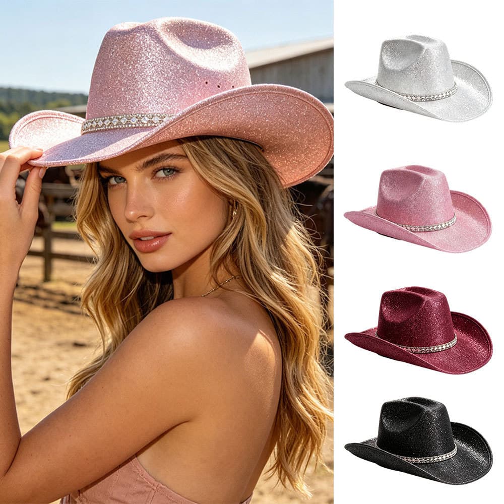 Chapéu De Vaqueira Vintage Com Glitter E Faixa De Strass Respirável Confortável Estilo Ocidental Para Praia Noturna Corr