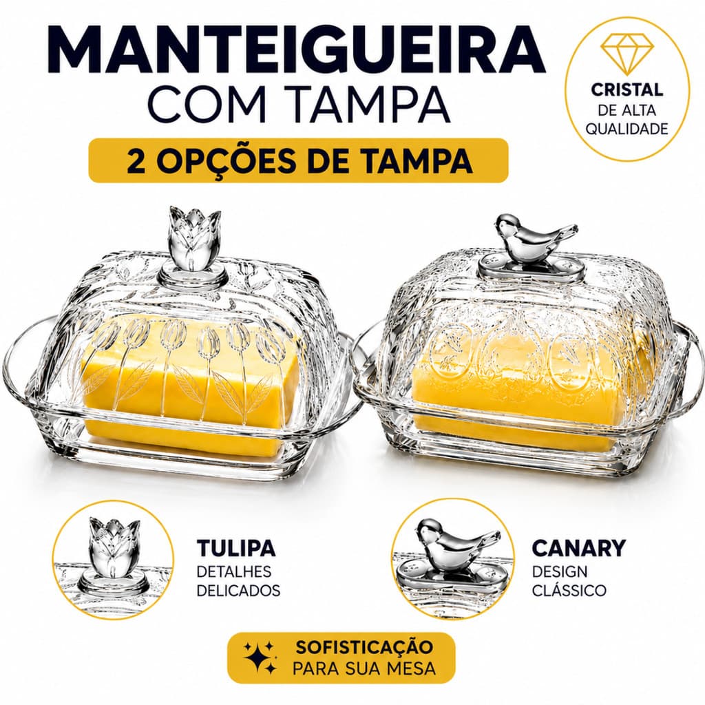 Manteigueira Vidro Cristal canary e Belle Com Tampa Condimento para Manteiga e Margarina Moderno