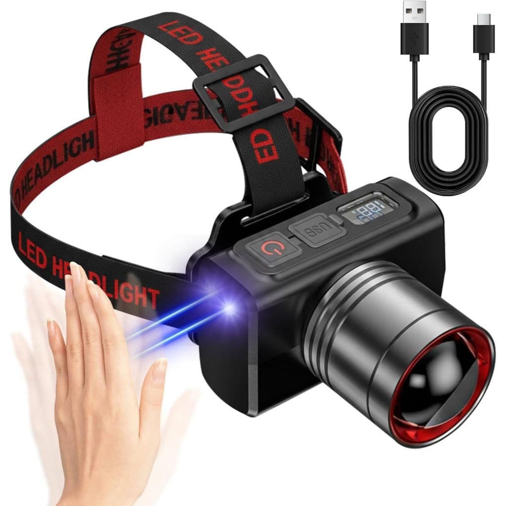 Lanterna de cabeça com sensor de movimento LED potente recarregável ajustável de 360° 3 modes
