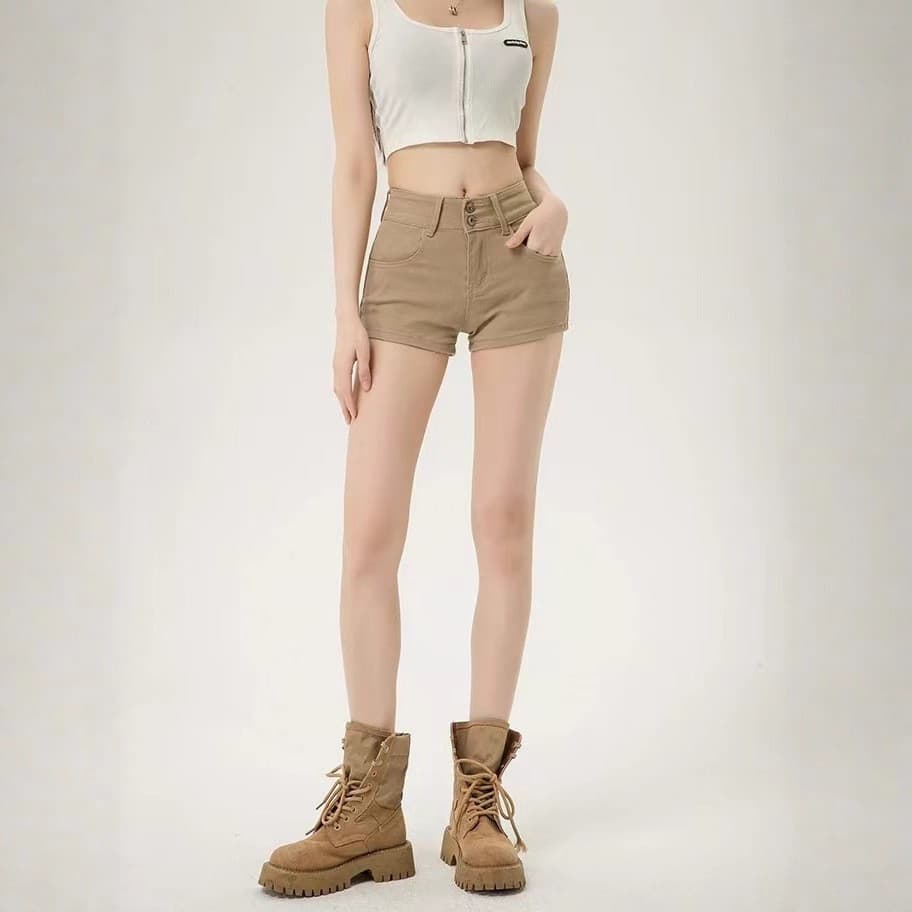 Shorts jeans de cintura alta com botões duplos e efeito modelador de quadril para mulheres, novo estilo de verão 2026, c