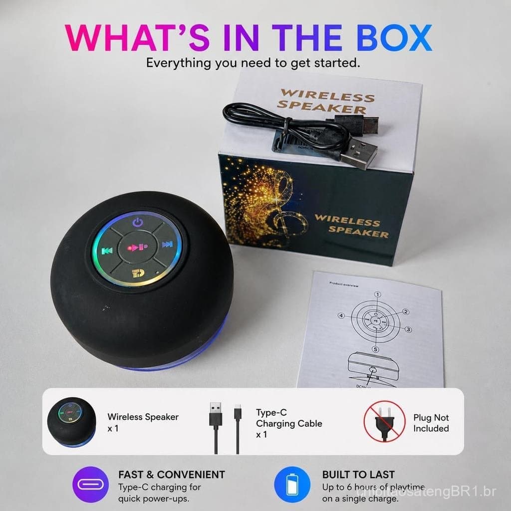 Caixa de Som Bluetooth para Chuveiro com LED – Mini Caixa de Som Portátil Sem Fio com Microfone e Ventosa, Resistente à