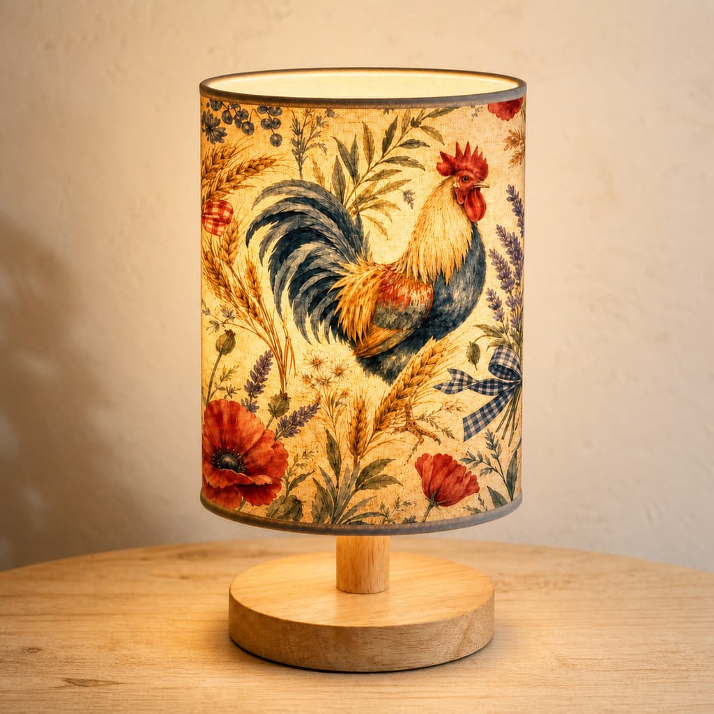Candeeiro De Mesa Floral Vintage Galo – Cabeceira Decorativo Com Base De Madeira