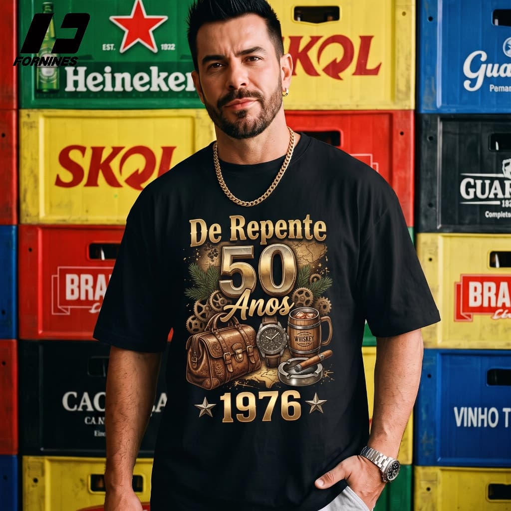 Camiseta Presente De Repente 50 Anos 1976 Vintage 100% Algodão Penteado Estampa Grande Profissional Unissex Oversize
