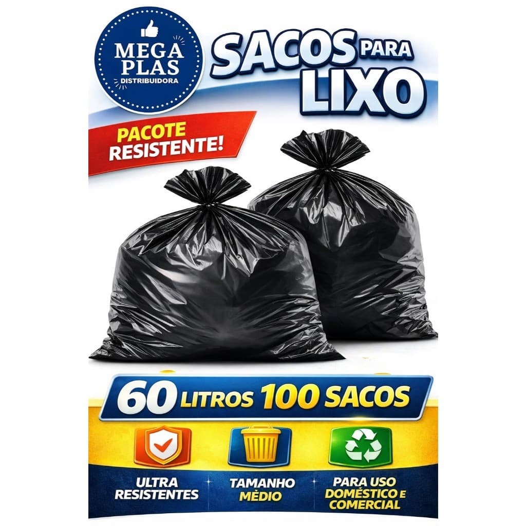 Saco de Lixo Preto 60L Reforçado 100 Unidades Alta Durabilidade