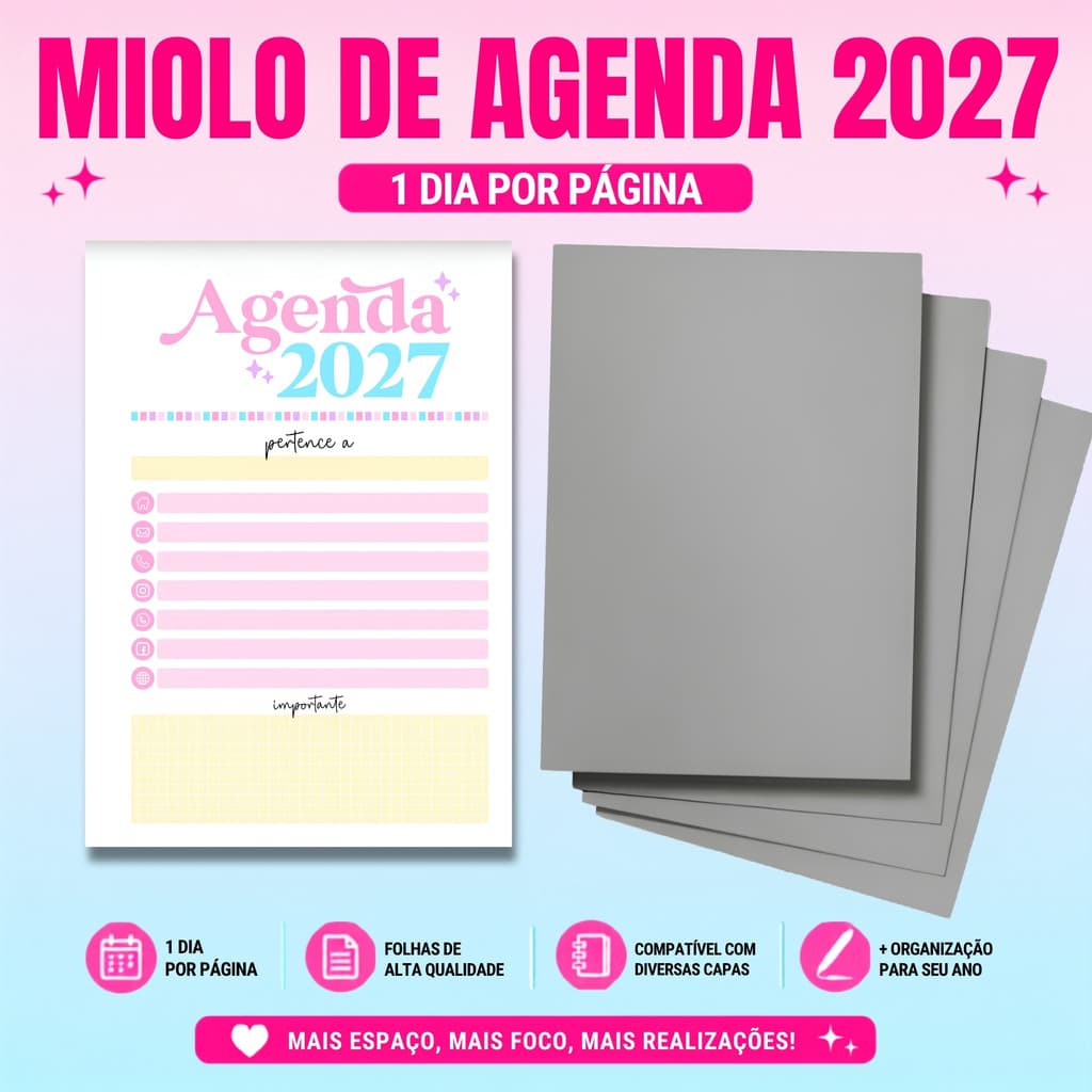 2 Miolo De Agenda 2027 - Colorido CANDY - 1 Dia por página/ + Capa dura / Impresso no A5