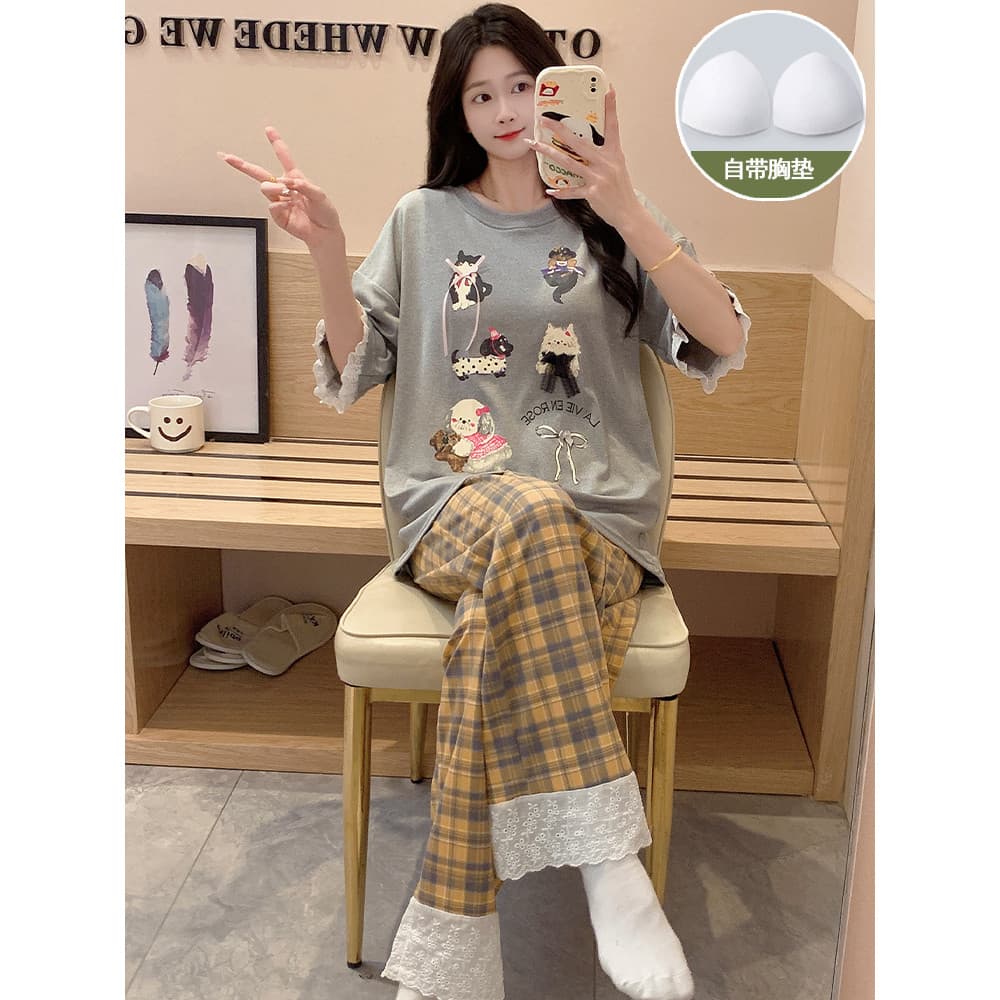 Pijamas femininos verão com almofadas no peito doce bonito xadrez calças de manga curta primavera outono estilo Homewear
