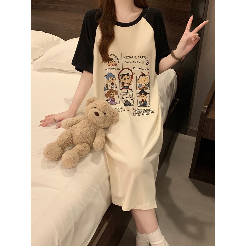 Camisola de algodão puro feminina verão 2026 novo estilo dos desenhos animados bonito saia de comprimento médio pode usa