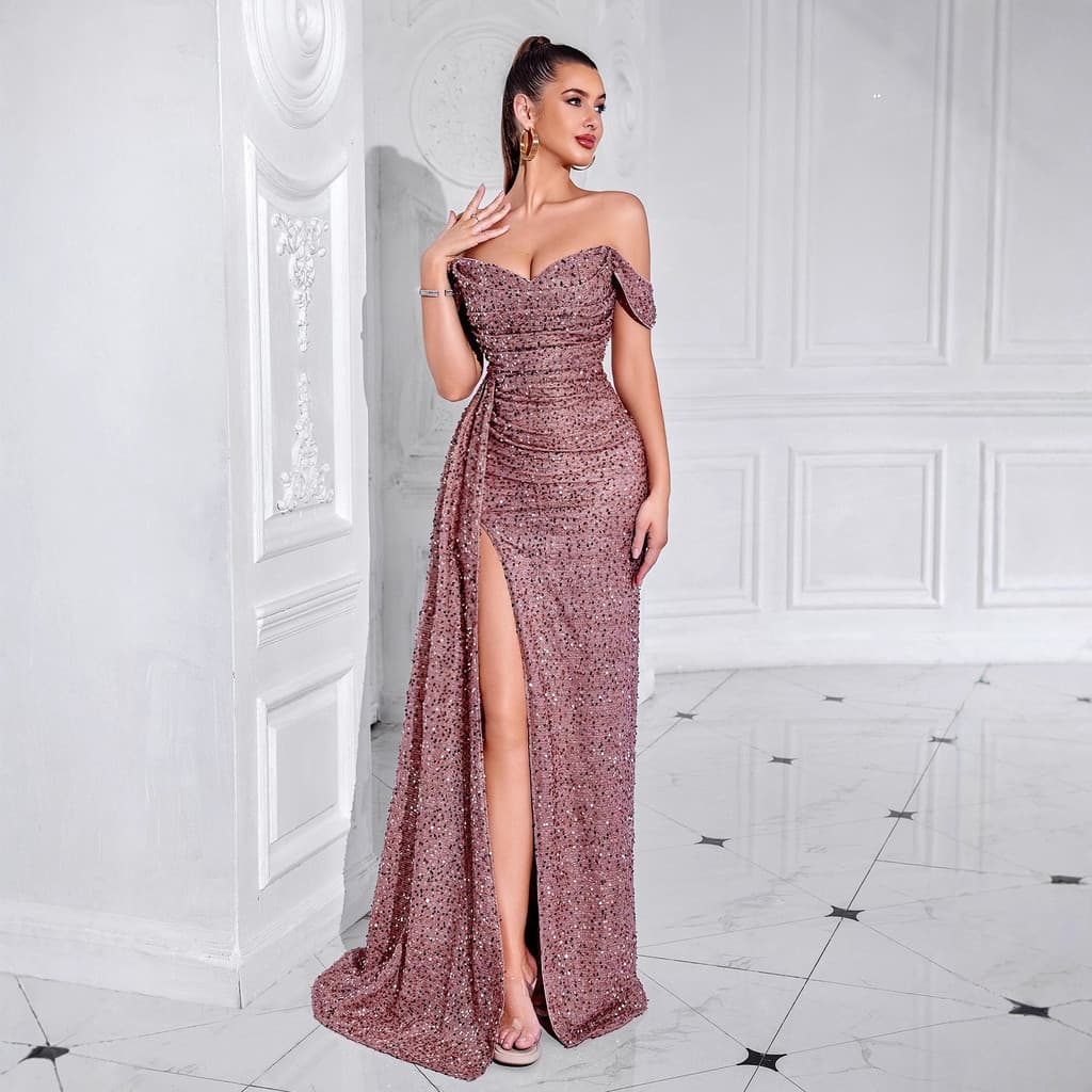 Novo vestido sem alças com lantejoulas, elegante para festas, casamentos, eventos noturnos, vestido longo estilo cauda d