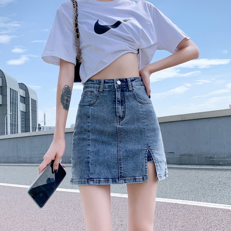 Saia jeans elástica saia feminina cintura alta Anti-reflexo linha a saia curta Hakama quadril dividida