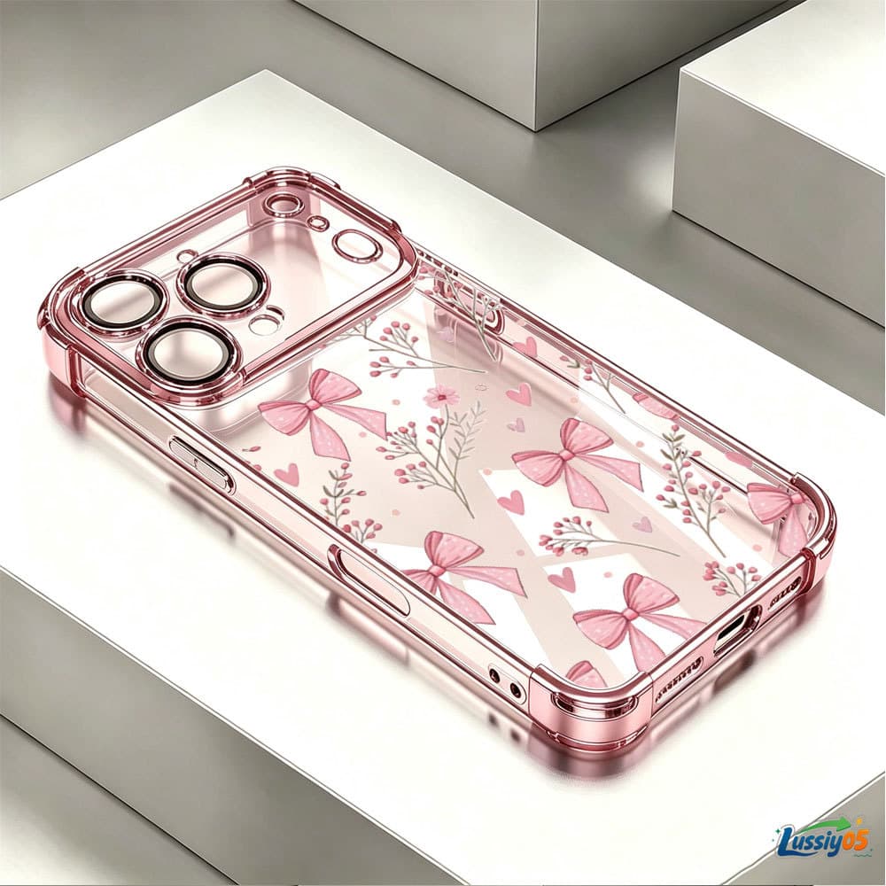 Capa Anti-Queda Galvanizada Para iPhone 17 Pro Max 16 15 13 12 14 Plus Ar Rosa Arco Pastel Coração LUSSIY05