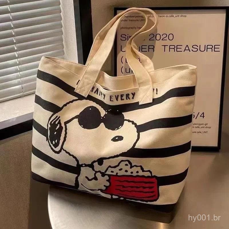 Bolsa de Lona Grande com Estampa do Snoopy para Estudantes Femininas Transportarem Livros, Bolsa de Mãe LDGP
