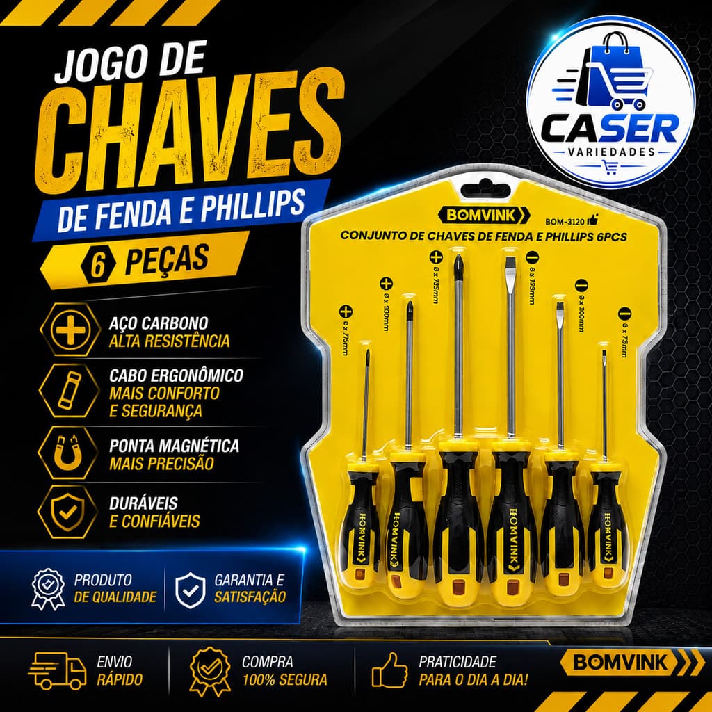 Conjunto de Chaves de Fenda e Phillips 6 Peças Bomvink BOM-3120