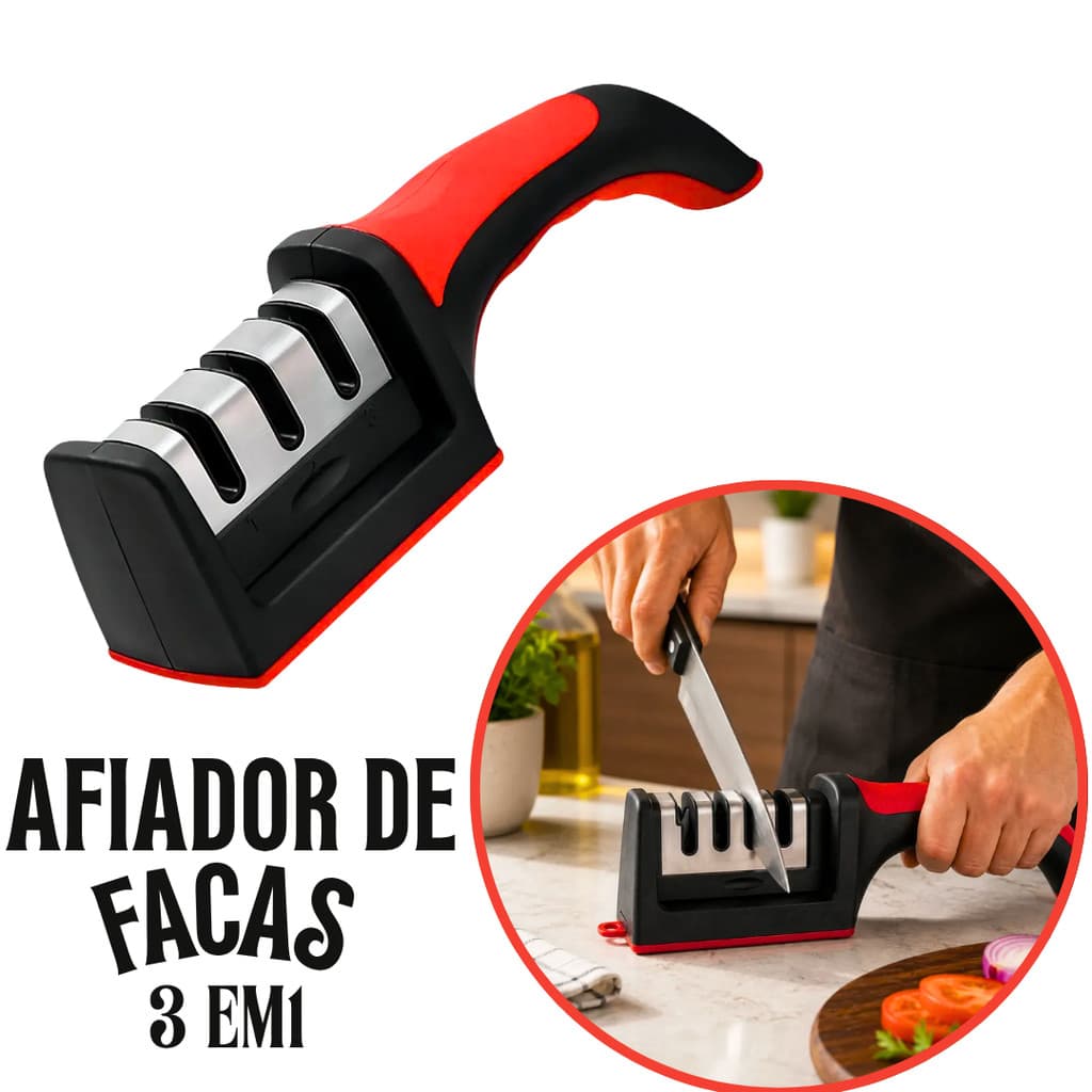 Afiador Amolador De Facas Profissional 3 Estágios Cabo Emborrachado Base Antiderrapante Afiação Rápida  Aço Inoxidável