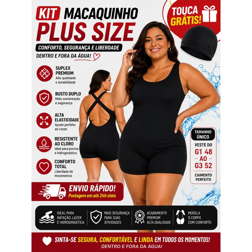 Kit Maiô Macaquinho Plus Size Cruzado Feminino Natação Hidroginástica + Touca Grátis | Forrado | Suplex Premium