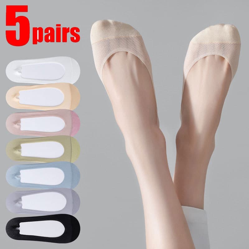 5 Pares De Meias Femininas De Malha Invisível Oco Antiderrapante Barco Confortáveis Respirável Macio Verão Ultra-Fino Só