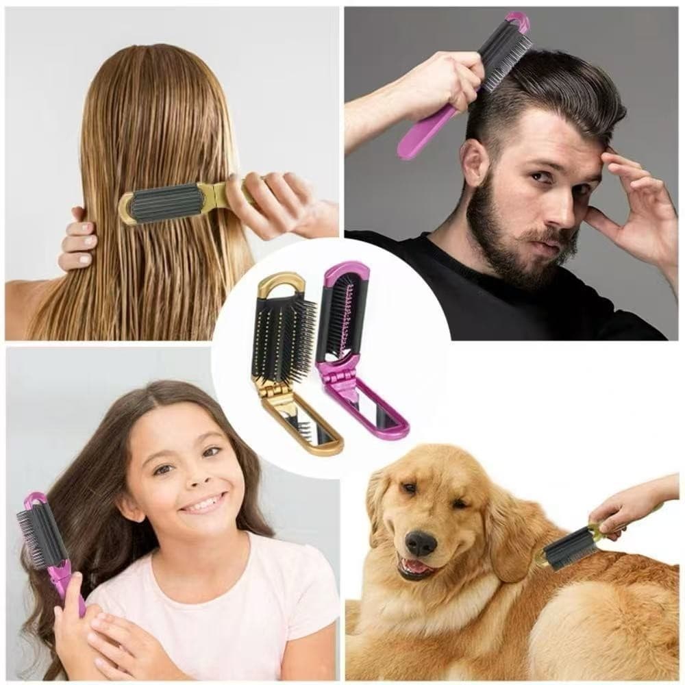 ANA 1108 KIT Escova com Espelho de Cabelo Dobravel de Bolsa Macia Profissional