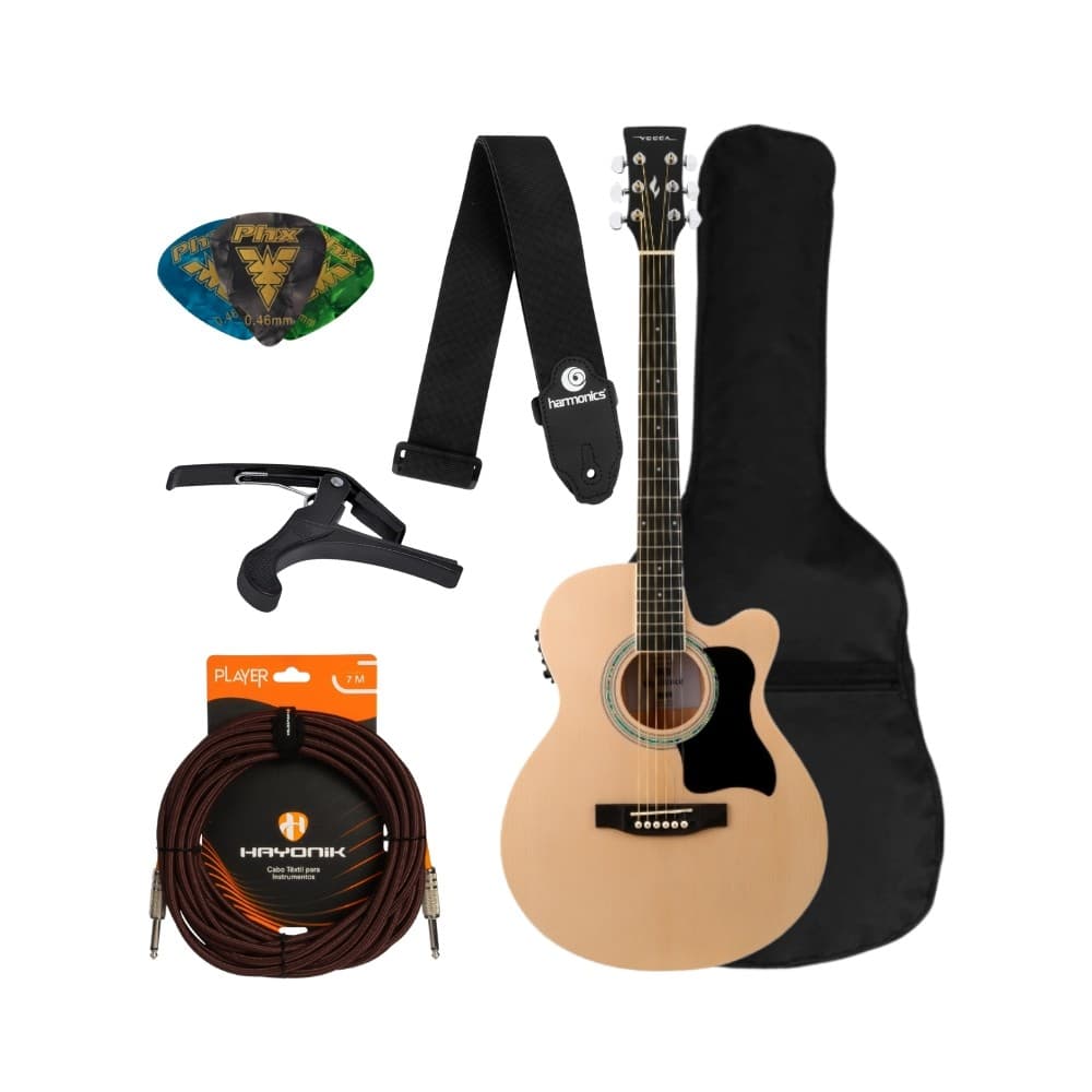 Kit Violão Elétrico Vogga Natural Audience VCS250 FLAT + Acessórios