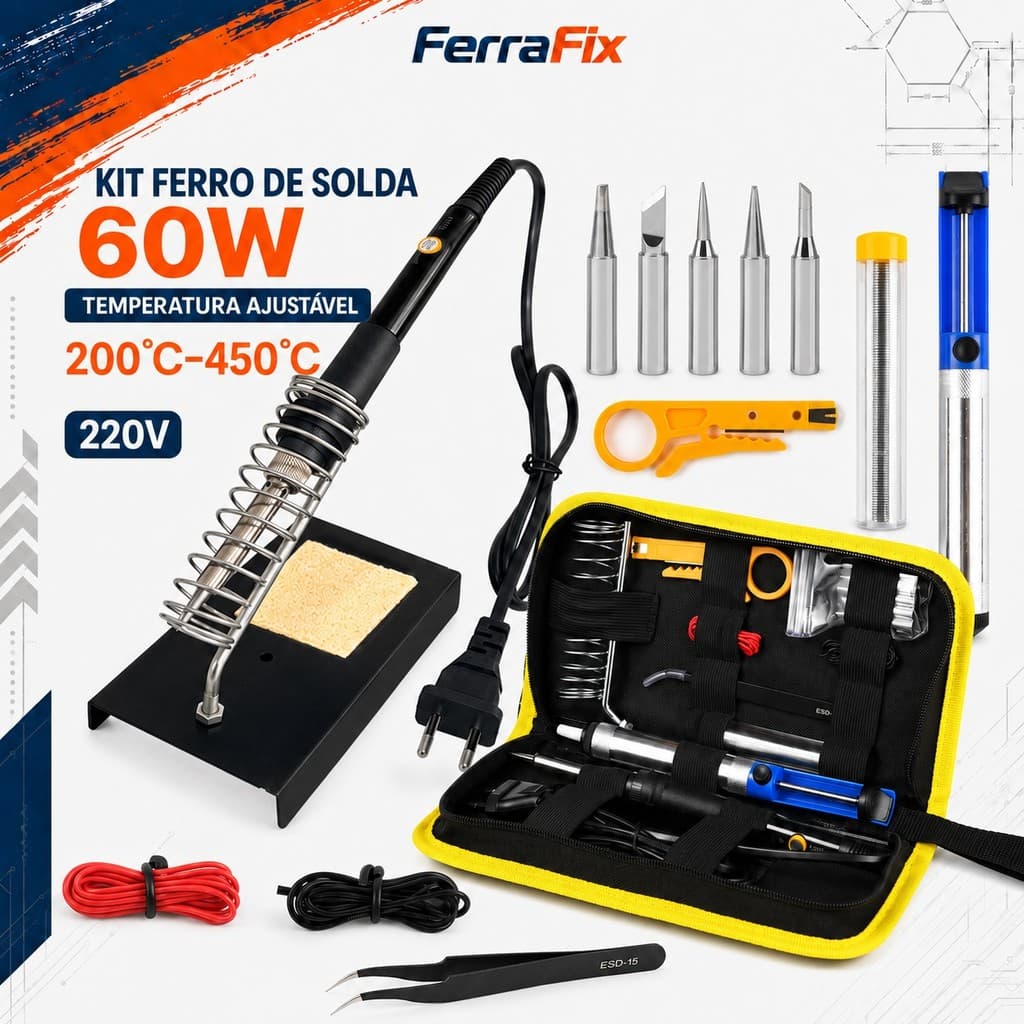 Kit Ferro De Solda 60W 220V Com Temperatura Ajustável 200–450°C, 5 Pontas E Estojo Para Reparos Eletrônicos