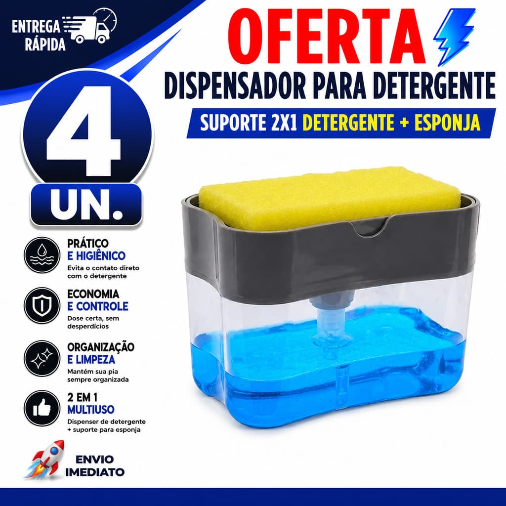 DISPENSER DE DETERGENTE COM PORTA ESPONJA SABÃO LÍQUIDO ORGANIZADOR PIA COZINHA