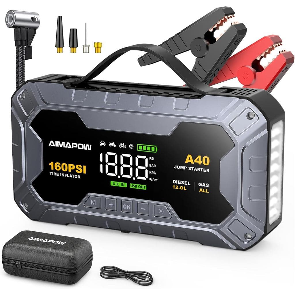 8000A 160PSI Jump Starter com Compressor de Ar, Power Bank para Bateria de Carro 12V (Todas as Gasolina/12L Diesel), Ini