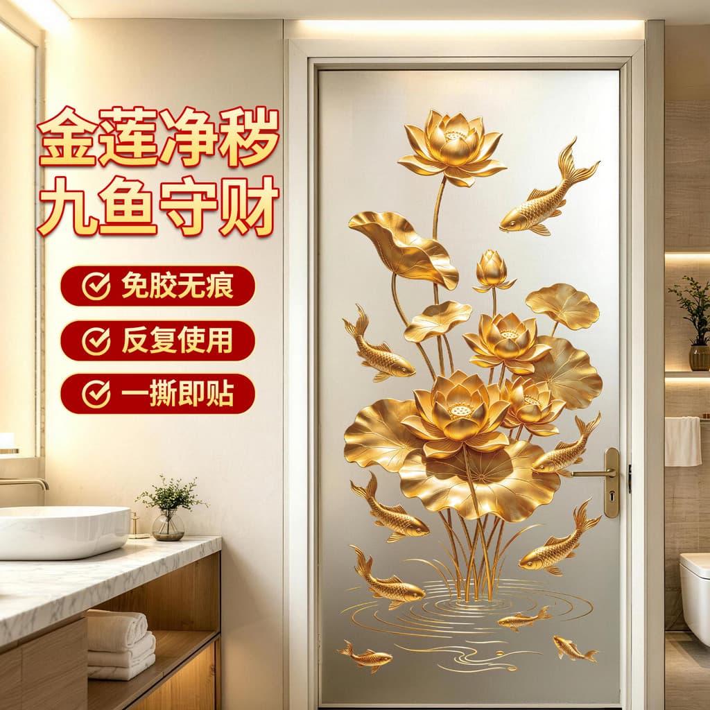 Adesivos Eletrostáticos de Peixe Koi Lótus Dourado para Paredes de Banheiro e Portas de Vidro de Cozinha, Decoração para