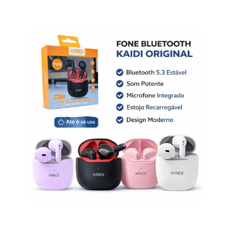 Fone Bluetooth Kaidi Original KD-771 TWS Som Potente + Bateria Duradoura