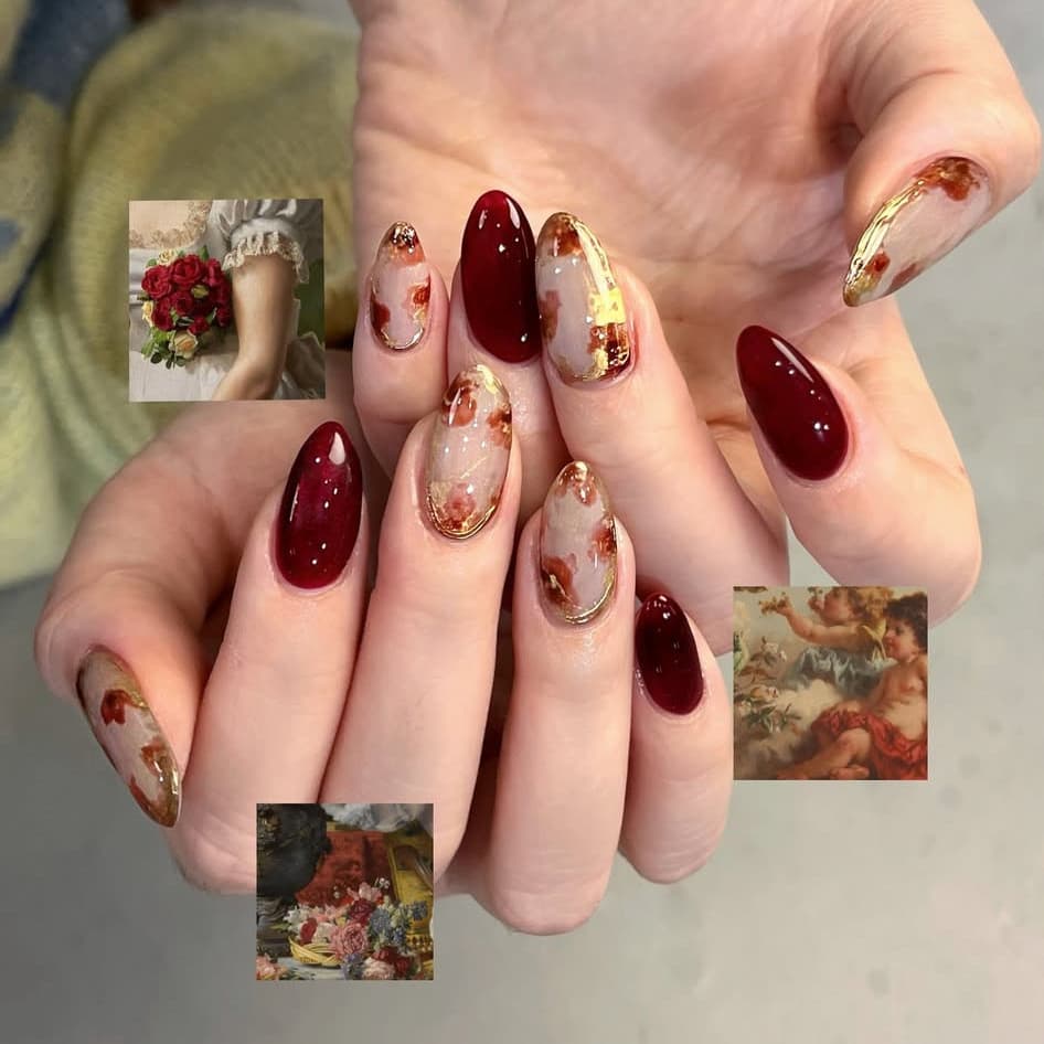 Unhas falsas de rosa vermelha manchada, amêndoa transfronteiriça, menina quente, flores borgonha, clareamento, 24 peças,