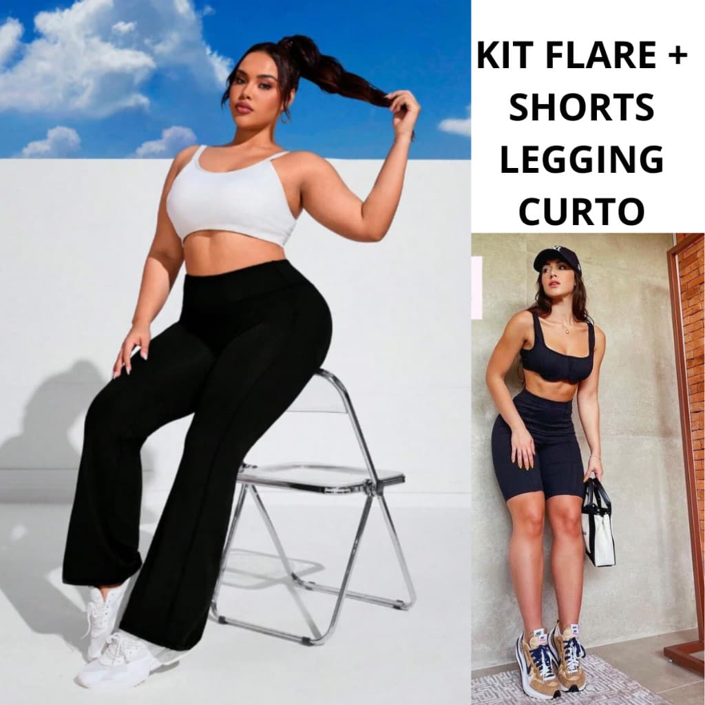 KIT 2 Calça Legging + SHORTS LEGGING FLARE Flare Bailarina Leg Feminina Boca de Sino Cintura Alta Suplex