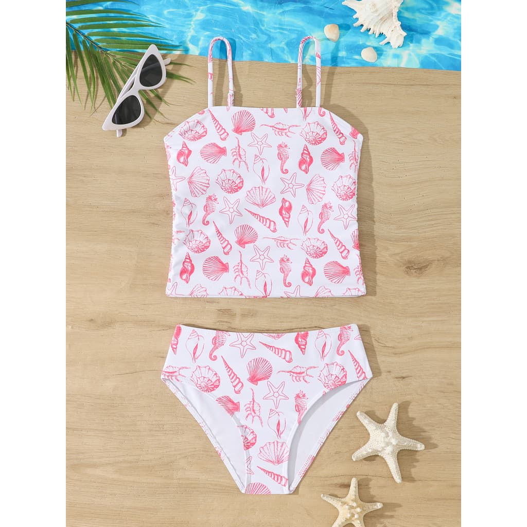Verão Meninas Roupas De Duas Peças Cintura Alta Roupa De Banho Para Crianças Maiô 8-12 Anos Concha Impressa Menina Conju