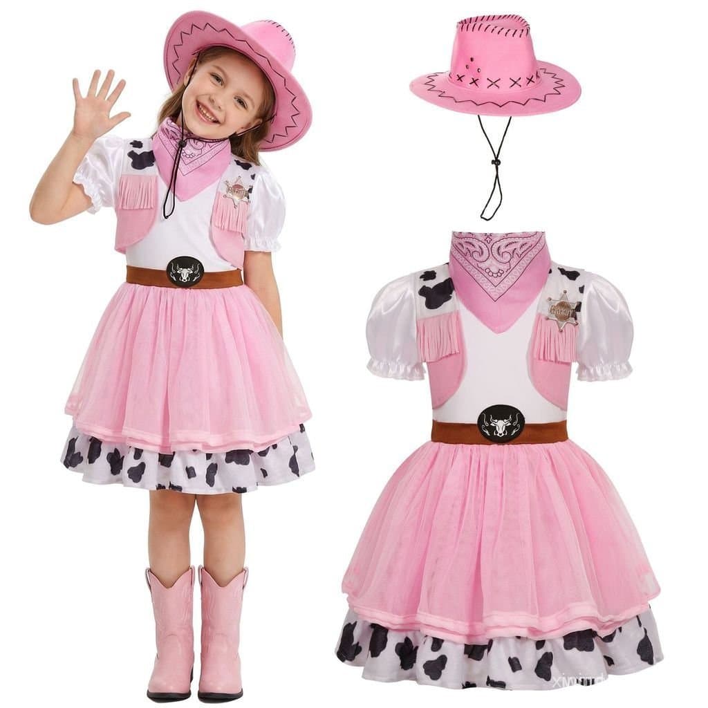 Fantasia de Cowboy Ocidental para Meninas, Conjunto de Fantasia de Cowboy Rosa para Halloween, Fantasia de Cowboy Fe M8T