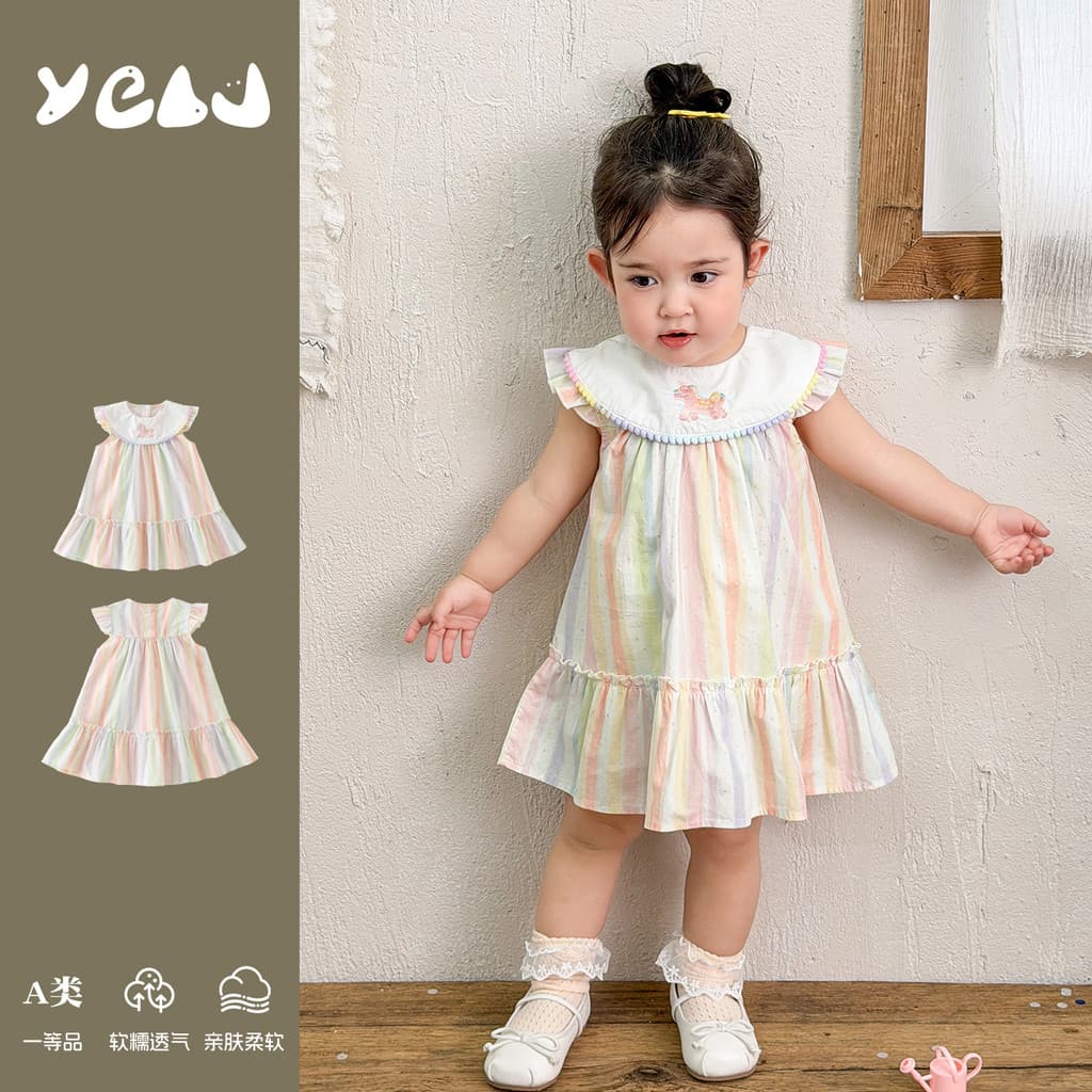 Bebê menina verão saia Playwear menina Super bonito unicórnio arco-íris listrado pequeno vestido de manga voadora